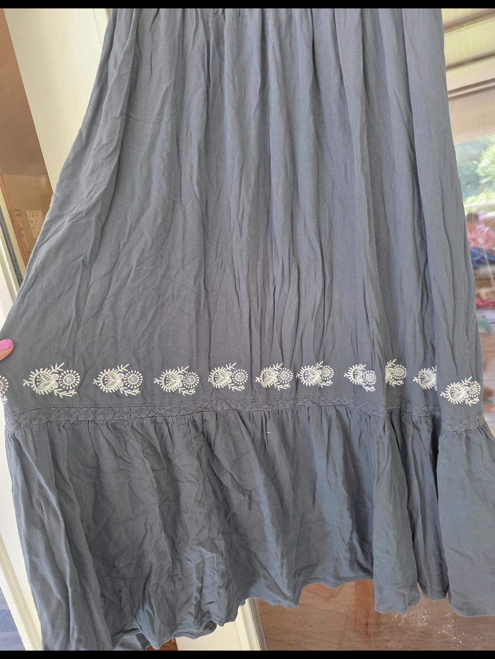 In Loom Smokey Blue Boho Dress Floral Embroidery Flowy Sz Large Maxi - Picture 5 of 5